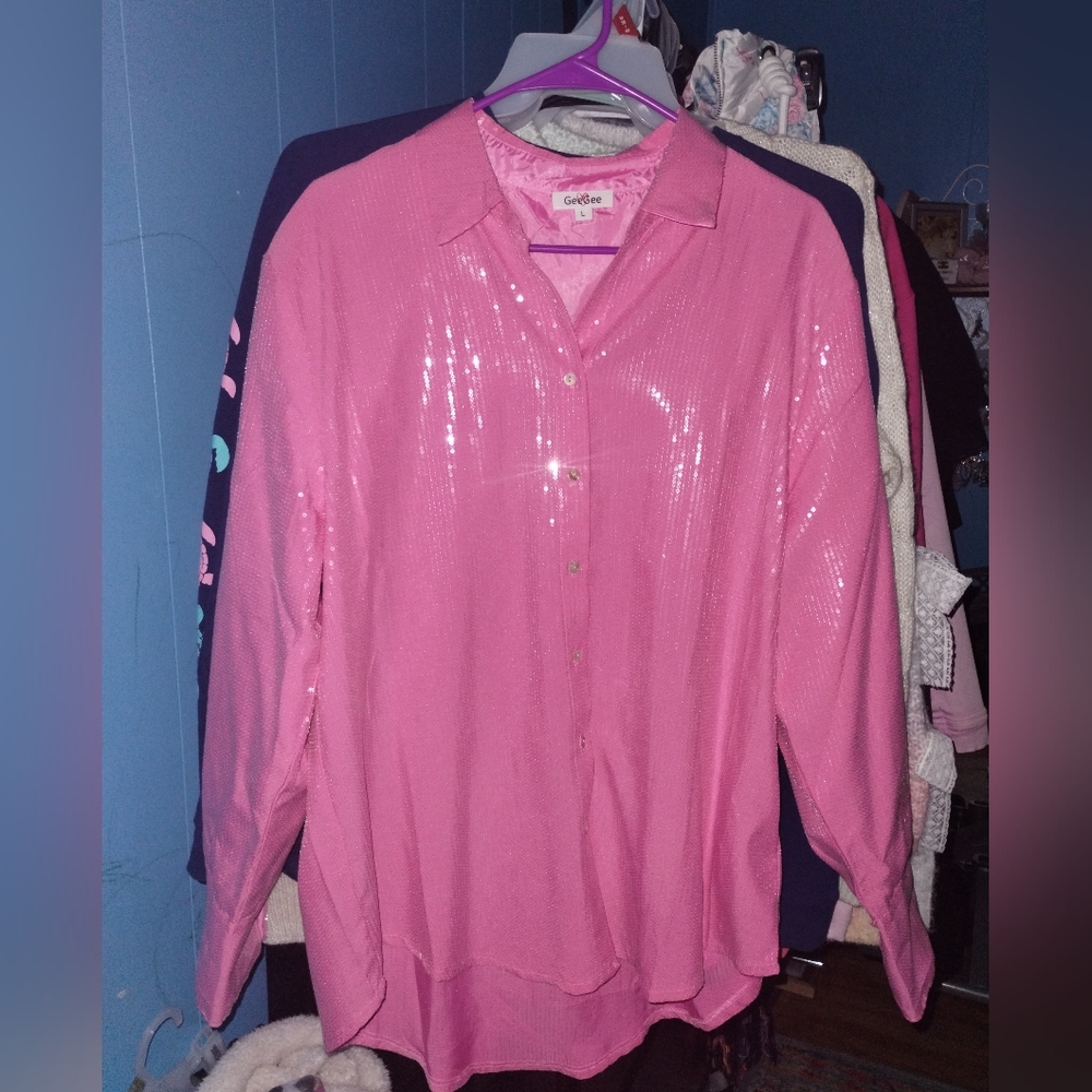 Pink Sequin Oversized Shacket NWOT - Picture 3 of 4